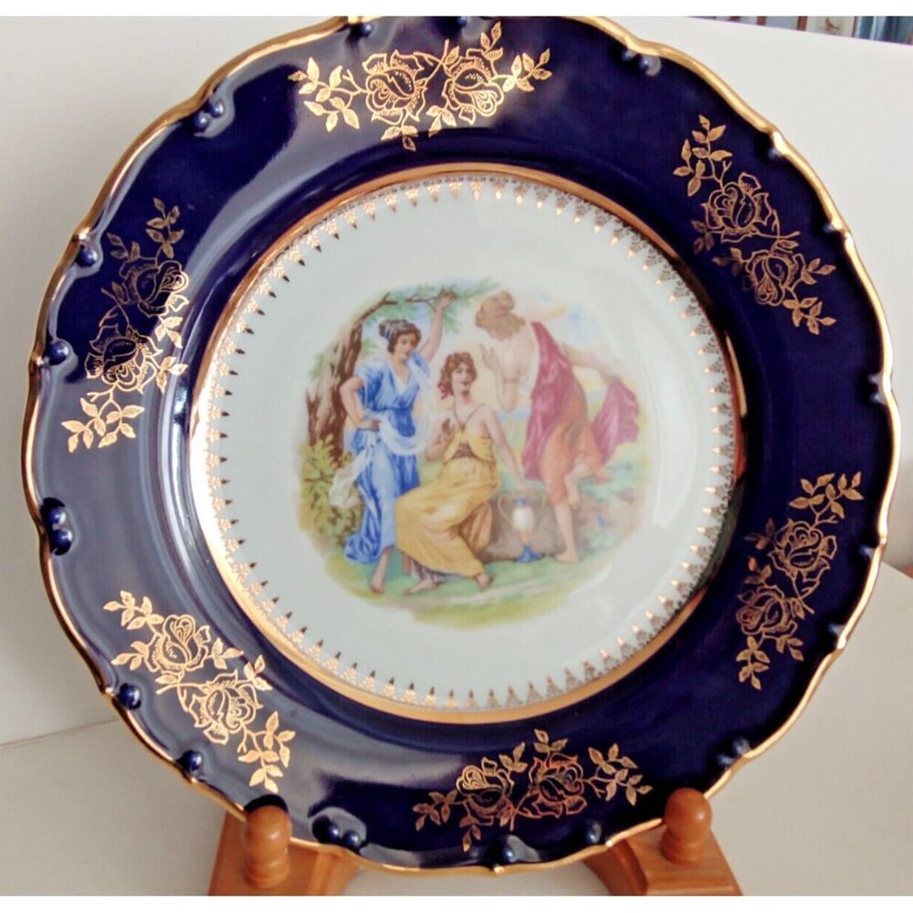 MZ Moritz Zdekauer Czechoslovakia Three Ladies Cobalt Gold Gilded 9 3/4"